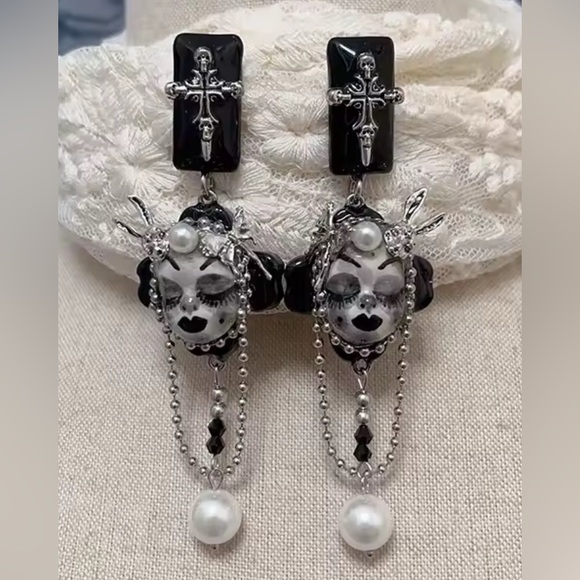 Jewelry | Gothic Doll Head Mask Black White Earrings Whimsigoth Cross ...